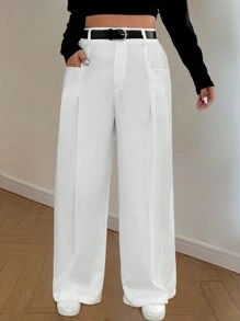 Calvaya Pantalones de corte holgado con diseño de solapas y bolsillos en unicolor, talla grande - Blanco - Ver 7