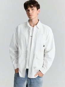 Ontre Men's White Oversized Multi-Pocket Plain Button-Front Long Sleeve Casual Shirt, Simple Lapel Collar Sport Shirt, Versatile For Daily, New Year Party, Holiday And Commuting