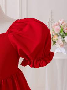 SHEIN Váy cổ vuông dệt tay ngắn màu trơn cho bé gái mặc hàng ngày - Đỏ - Xem 3