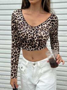 INAWLY Top corto ajustado de manga larga con estampado de leopardo a la moda, para el otoño