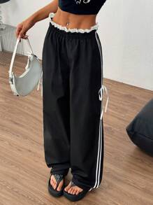 Chiquease Women's Bow Decor Black & White Contrast Color Ruffled Long Pants - Black - View 1