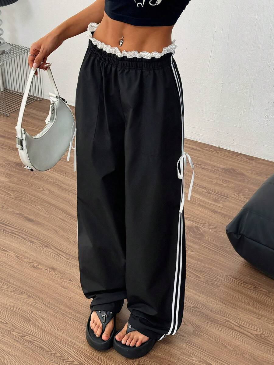 Chiquease Women's Bow Decor Black & White Contrast Color Ruffled Long Pants - Black - View 1