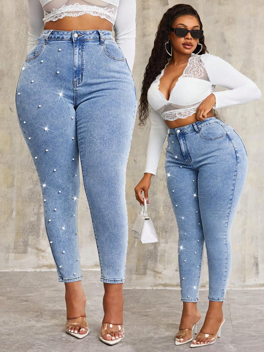 SHEIN SXY Quần Jeans Skinny Co Giãn Màu Xanh Đậm Đính Ngọc Trai Cỡ Lớn - Màu xanh lam - Xem 1