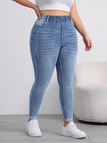 SHEIN ICON 大码性感休闲弹力紧身蓝色牛仔裤 - 中等水洗藍 - 查看 4