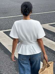 Siren Gaze 女士纯色蕾丝拼布衬衫、垂直荷叶边饰边衬衫、修身白色衬衫、情人节约会派对女士上衣