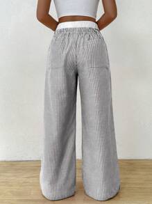 SHEIN EZwear Color Block Elastic Waist Women's Casual Daily Wide Leg Pants - Coffee Brown - View 2