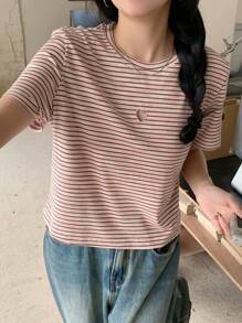 DAZY 女士条纹印花圆领短袖休闲 T 恤 - 彩色 - 查看 7