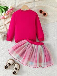 2pcs Girls Young Girl Spring Autumn Winter Casual Set, Cute Heart & English Letter Print Long Sleeve Sweatshirt + Double Layer Mesh Skirt, Suitable For Party, Holiday, Versatile