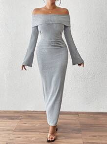 Chiquease Váy ôm sát trễ vai thời trang, dệt kim gân, màu xám, trang phục thu đông cho nữ dài đến đầu gối - Màu Xám nhạt - Xem 5