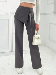 SHEIN PETITE Mid-Rise Pant With Overlapping Fixed Mini Skirt - Grey - View 6