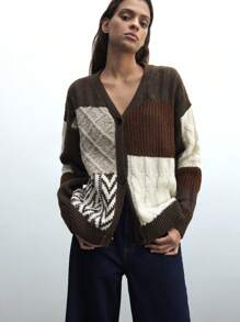 Maija 女士温暖撞色长袖单排扣宽松休闲针织开衫，秋冬 - 彩色 - 查看 5