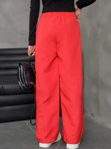 SHEIN Tween Girls Printed Sports Casual Drawstring Long Pants - Red - View 2