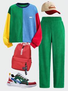 SHEIN 2pcs/Set Tween Boys American Style Casual Contrast Color Corduroy Crew Neck Long Sleeve Top And Corduroy Pants, Suitable For Autumn And Winter