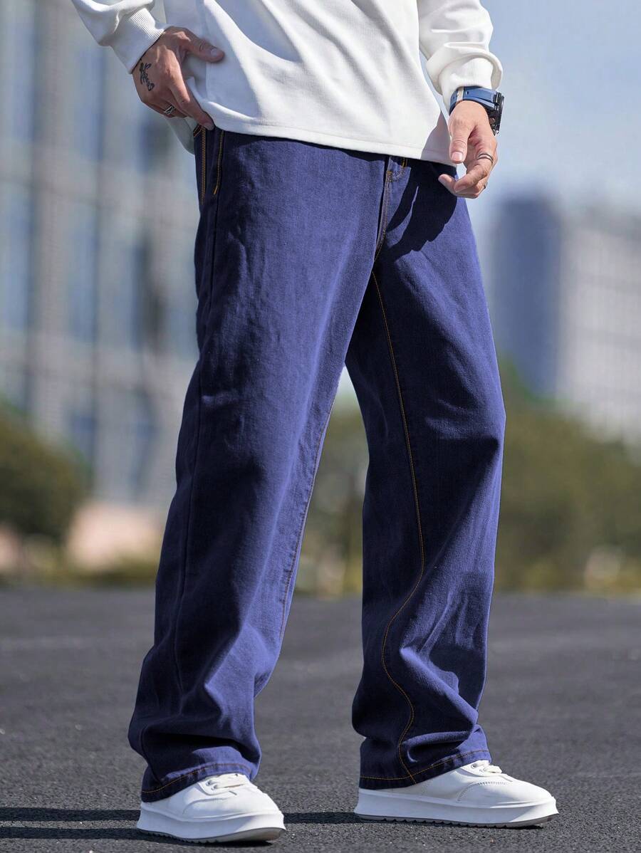 Manfinity Roghcode Quần Jeans Denim Thiết Kế Túi Đơn Giản Thường Ngày Cỡ Lớn Cho Nam - Rửa tối - Xem 1