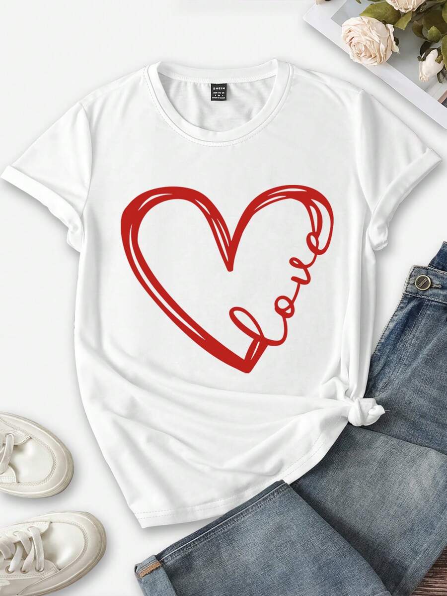 INAWLY 夏季情人节艺术心形印花修身休闲衬衫 T 恤，情人节白色女式图案 T 恤女式上衣 - 白色 - 查看 1