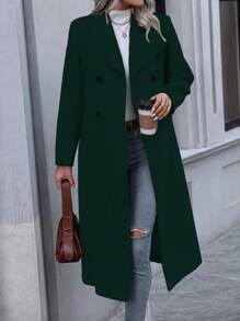 SHEIN Clasi Women Solid Color Loose Double-Breasted Overcoat, Autumn/Winter - Dark Green - View 1