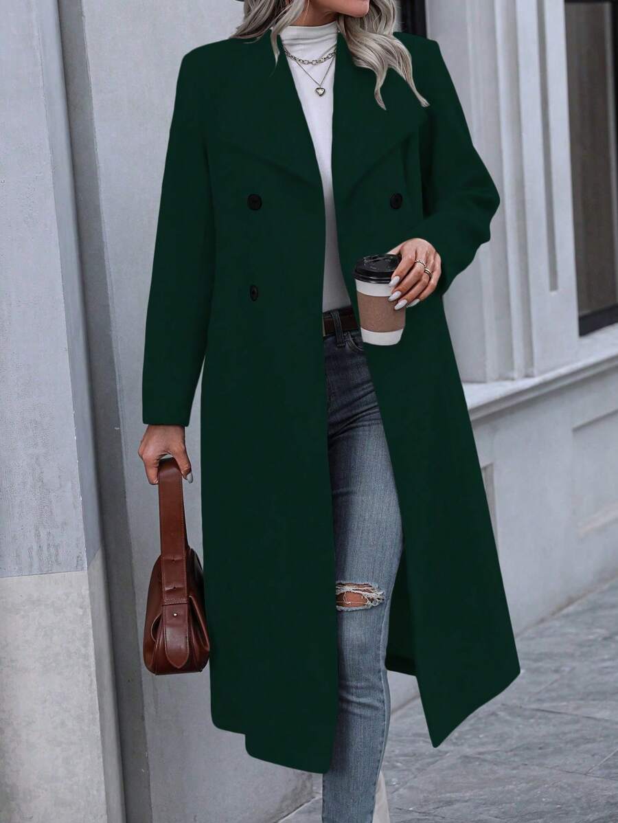 SHEIN Clasi Women Solid Color Loose Double-Breasted Overcoat, Autumn/Winter - Dark Green - View 1
