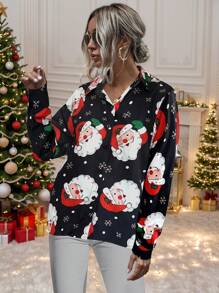 SHEIN LUNE Women Santa Claus Print Loose Casual Long Sleeve Shirt, Autumn - Black - View 4