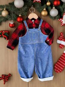 SHEIN Baby Boy 2pcs/Set Casual Daily Raglan Red Plaid Shirt & Denim Effect Suspender Pants Two-Piece Set, Suitable For Autumn/Winter Wear, Indoor And Outdoor
