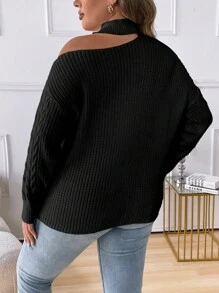 Elenzga Plus Size Solid Color Asymmetrical Neck Long Sleeve Open Shoulder Casual Pullover Sweater Knit Pullover Fall Winter Autumn - Black - View 2