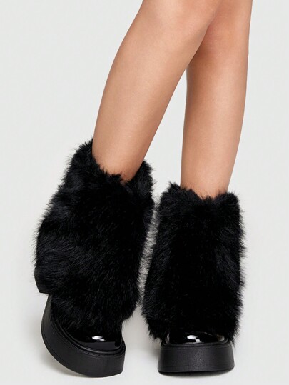 Goth Furry Thick Sole Round Toe Chunky Heel Boots New Year Holiday Valentines