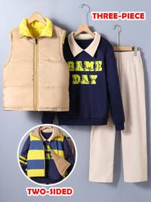 SHEIN Explorewe 2 pièces/Set Style universitaire américain décontracté pour pré-adolescents, ensemble 3 pièces - gilet réversible à rayures, sweat-shirt manches longues imprimé lettres et pantalon en velours côtelé, adapté pour l'automne et l'hiver - Multicolore - Voir 1