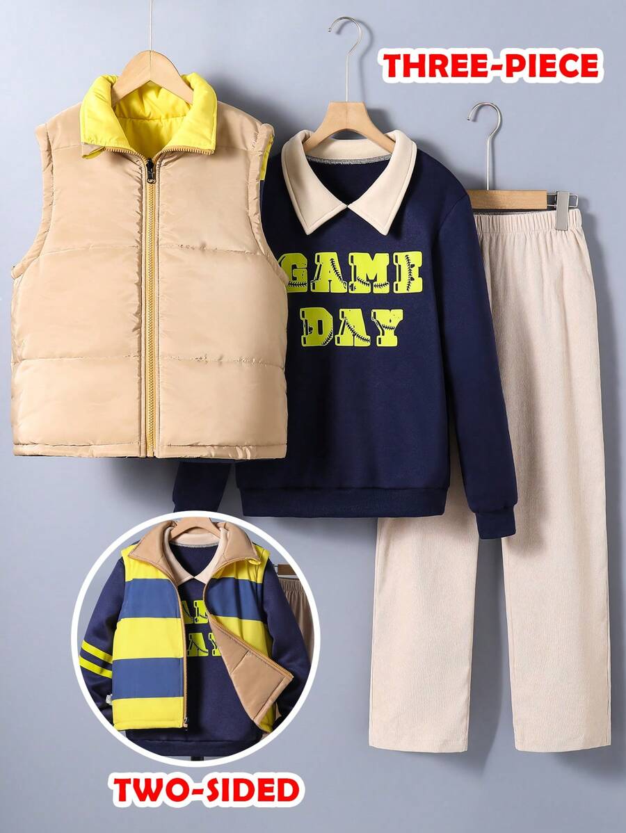 SHEIN Explorewe 2 pièces/Set Style universitaire américain décontracté pour pré-adolescents, ensemble 3 pièces - gilet réversible à rayures, sweat-shirt manches longues imprimé lettres et pantalon en velours côtelé, adapté pour l'automne et l'hiver - Multicolore - Voir 1