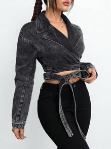 SHEIN EZwear 女士长袖系带简约牛仔夹克，休闲日常穿着 - 黑色 - 查看 4