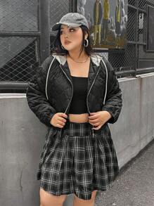 SHEIN EZwear Plus Size Women Patchwork Color Block Drawstring Hooded Padded Coat, Autumn/Winter