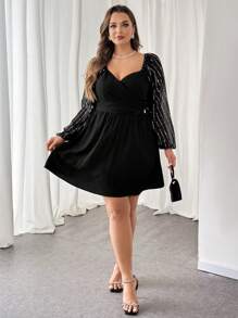 SHEIN Essnce Plus Size Women's Spring And Summer Valentine's Day Vacation Outfits Fashion Casual Commuting Elegant Black A-Hem Long-Sleeved Dress - Black - View 3