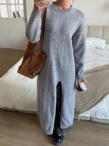 SHEIN Essnce Women's Solid Color Round Neck Drop Shoulder Long Sleeve Slit Hem Long Sweater, Autumn/Winter - Grey - View 3