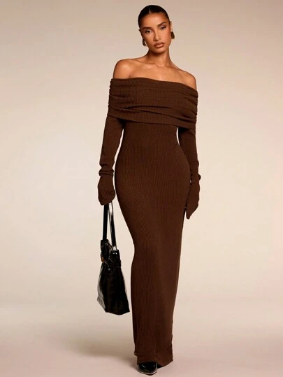 SHEIN BAE Women's Solid Color Off Shoulder Long Sleeve Casual Long Dress,Party Women Outfits,Women Dress Women Clothes
