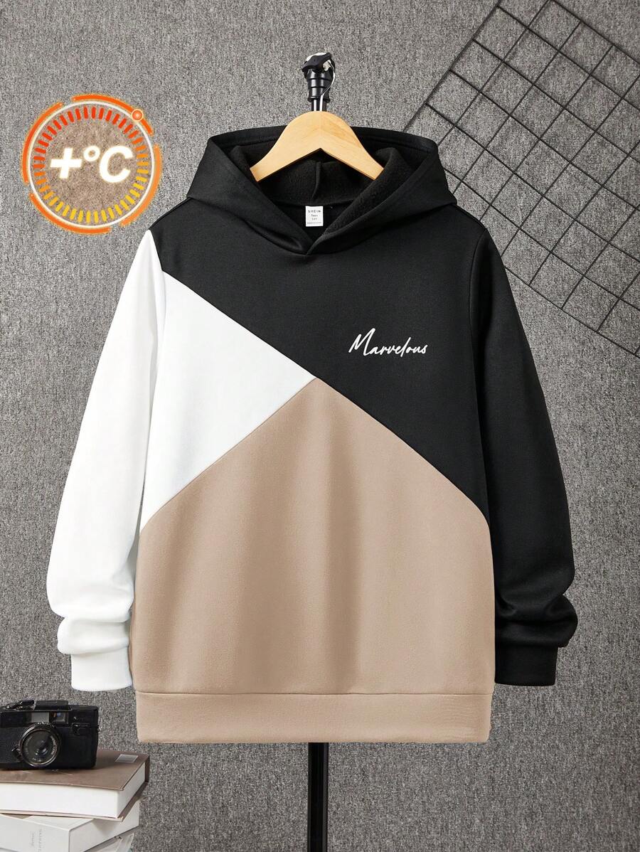 SHEIN 10pcs/Set Teens Teen Boy Casual Loose Comfortable Versatile Printed Patchwork Contrast Color Sweatshirt, Fall/Winter, White/Black/Brown - Black - View 1