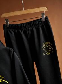 SHEIN Teen Boys 2pcs Athletic Casual Comfortable Versatile Warm Letter Print Hooded Sweatshirt & Sweatpants Set Back To School Clothes Fall Outfits