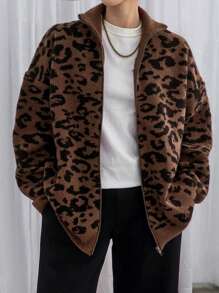 Dazy-Less Women's Full Leopard Print Jacquard High Collar Cardigan Cheetah Print,Fall Women Clothes