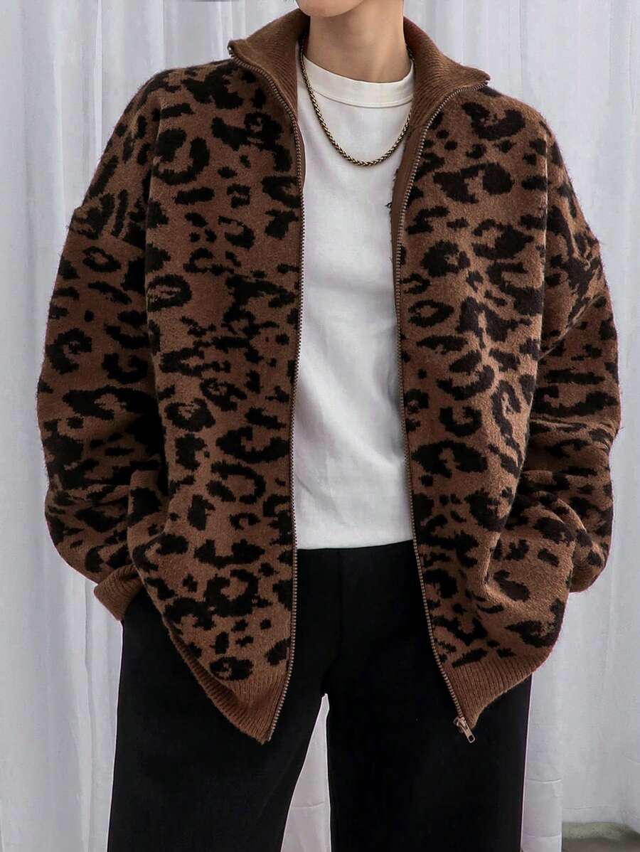 Dazy-Less Women's Full Leopard Print Jacquard High Collar Cardigan Cheetah Print,Fall Women Clothes