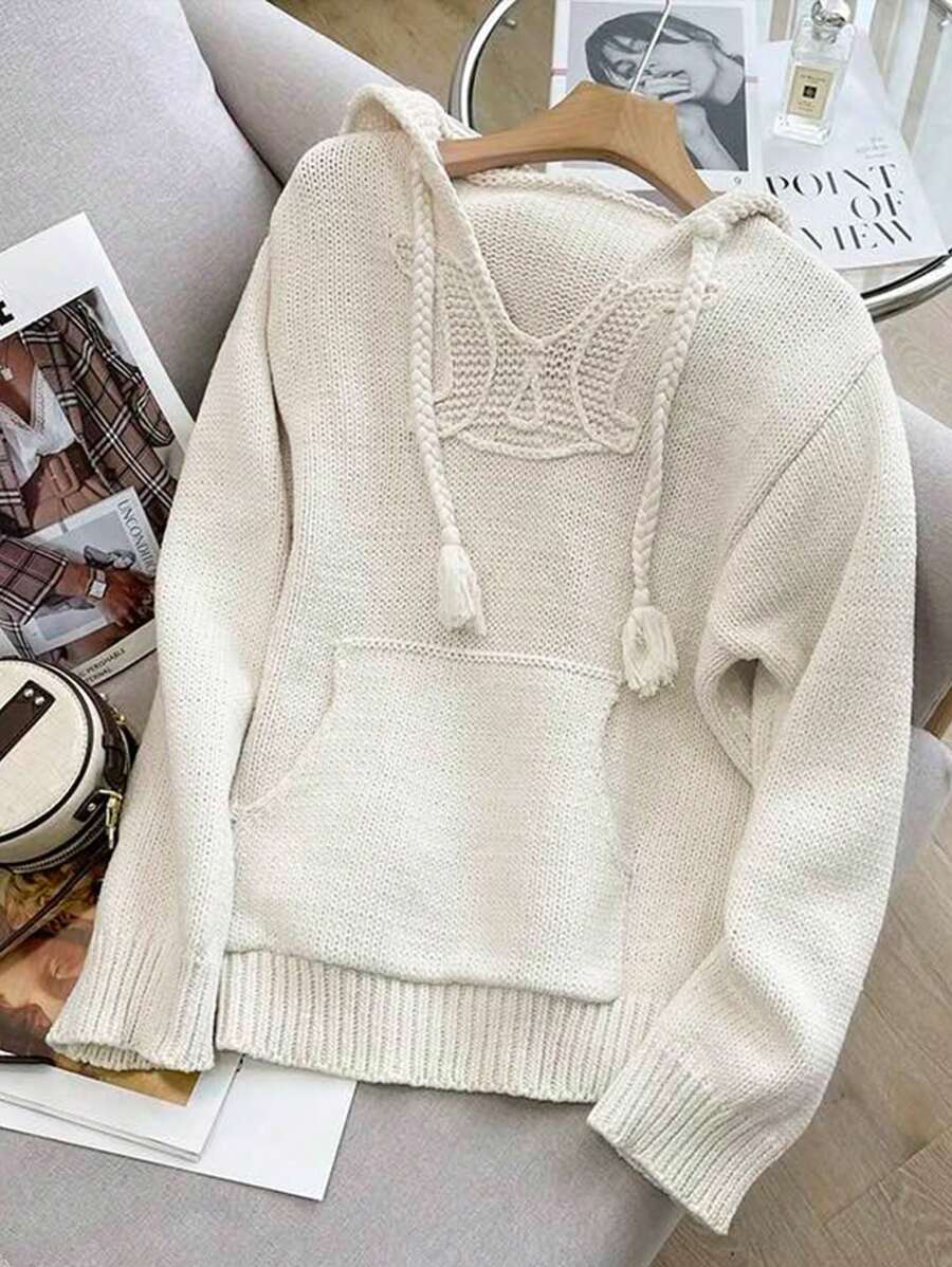 SHEIN VCAY sweat-shirt à capuche ample et décontracté pour femme grande taille avec poche kangourou, cordon de serrage réglable, design d'épaules tombantes, pull tricoté chaud pour l'automne/l'hiver - Blanc - Voir 1