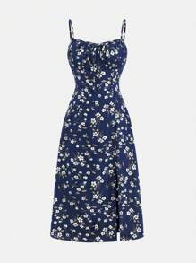 Girlism 少女宝蓝色吊带，花卉印花荷叶边胸前开衩大腿高夏季背心裙 - 寶藍色 - 查看 1