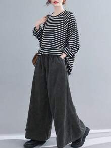 Plus Size Women Solid Color Elastic Waist Pockets Loose Wide Leg Casual Pants