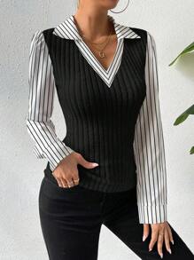 RosyDaze Blusa feminina estilo de deslocamento com decote em V, estampa listrada, patchwork, ajuste fino, primavera e outono