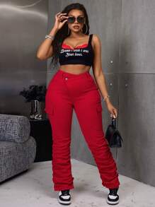 Plus Size Women Red Denim Elastic Personalized Extra Long Harem Pants - Red - View 4