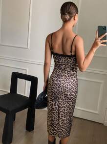DAZY 节日休闲豹纹蕾丝花边吊带连衣裙，猎豹印花 - 彩色 - 查看 2