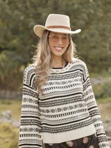LanaWest 女士几何图案乡村度假休闲针织套头衫秋冬款 - 黑與白 - 查看 3