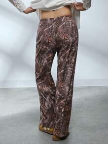 SHEIN EZwear Women Mixed Tree Branch & Leopard Print Pattern Loose Elastic Waist Straight Leg Casual Pants - Brown - View 2