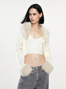 SHEIN Unity 2pcs/Set Apricot Women's Sexy Party Fashion Fur Collar Patchwork Short Sleeve Cardigan & V-Neck Versatile Short Cami Cardigan For Autumn/Winter - Apricot - View 4