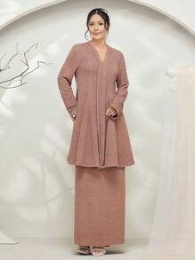 Veilorie Baju Kebaya 2pcs Set: Long Sleeve Long Top + Straight A-Line Midi Skirt Modest