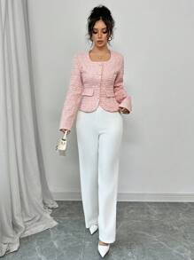 Elenzga 1 件女士优雅压花提花单排扣短款西装外套，带仿口袋 - 粉色 - 查看 3