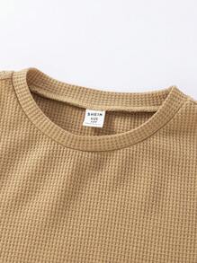 SHEIN 4 件套青少年男孩纯色圆领运动衫、短裤 4 件套休闲套装，适合户外、运动、学校、家居、春夏季