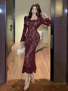 DAZY 女士中长裹身蕾丝连衣裙，春秋季优雅正式女装长袖连衣裙奢华红色女装舞会礼服新年女装情人节嘉年华 - 酒紅色 - 查看 1