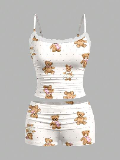 SHEIN Essnce 2st/Set Dam Spets Trim Cami Top och veckade shorts Set, Lämplig för sommaren